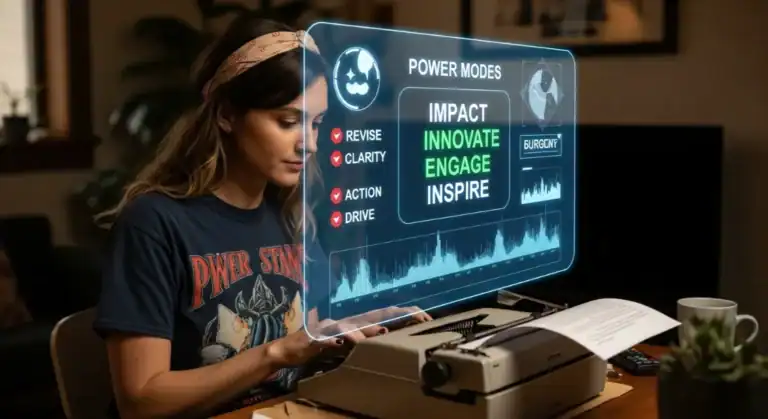 Woman writing with magnetic headlines, using power words for impact.